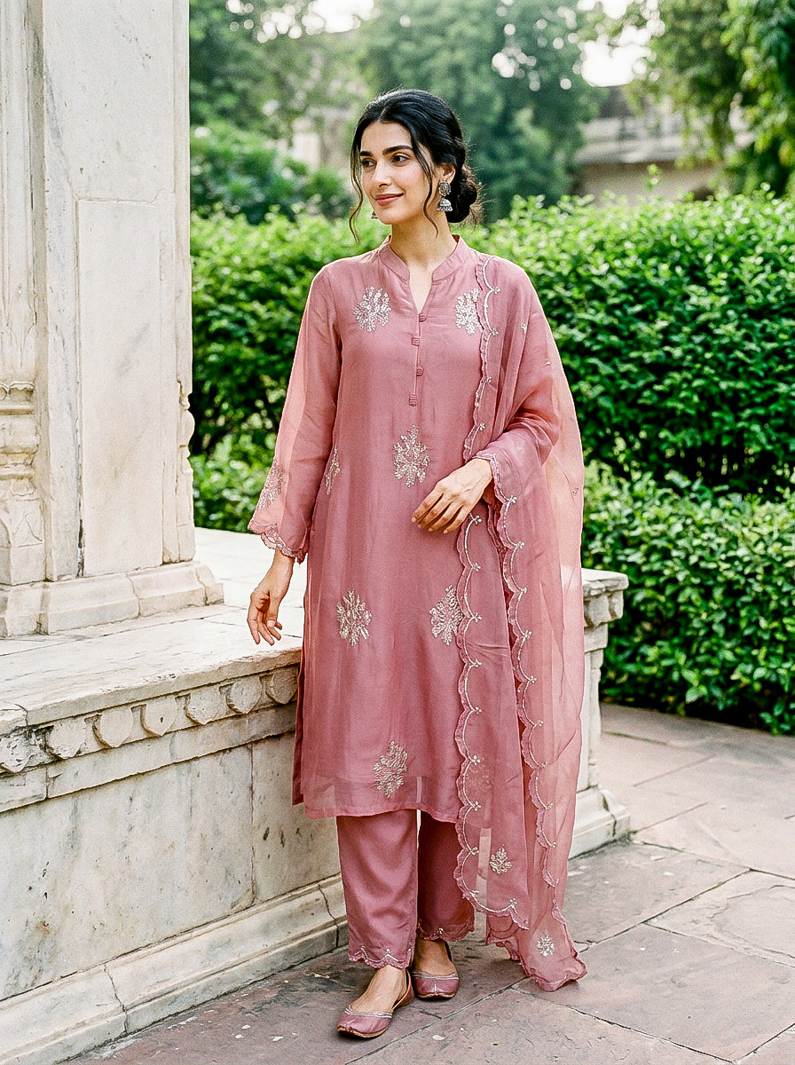 Rose Pink Embroidered Organza Kurta Set with Pants & Dupatta — model front