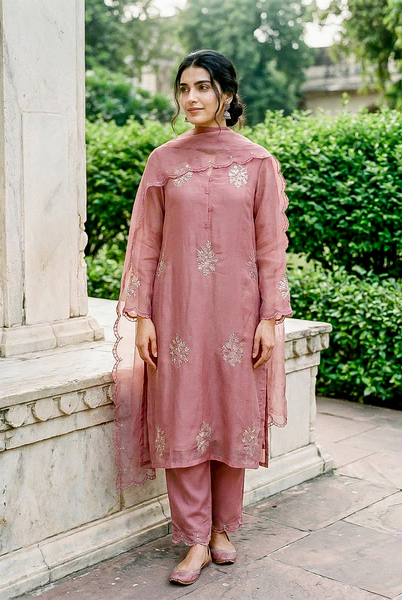 Rose Pink Embroidered Organza Kurta Set with Pants & Dupatta — kurta detail