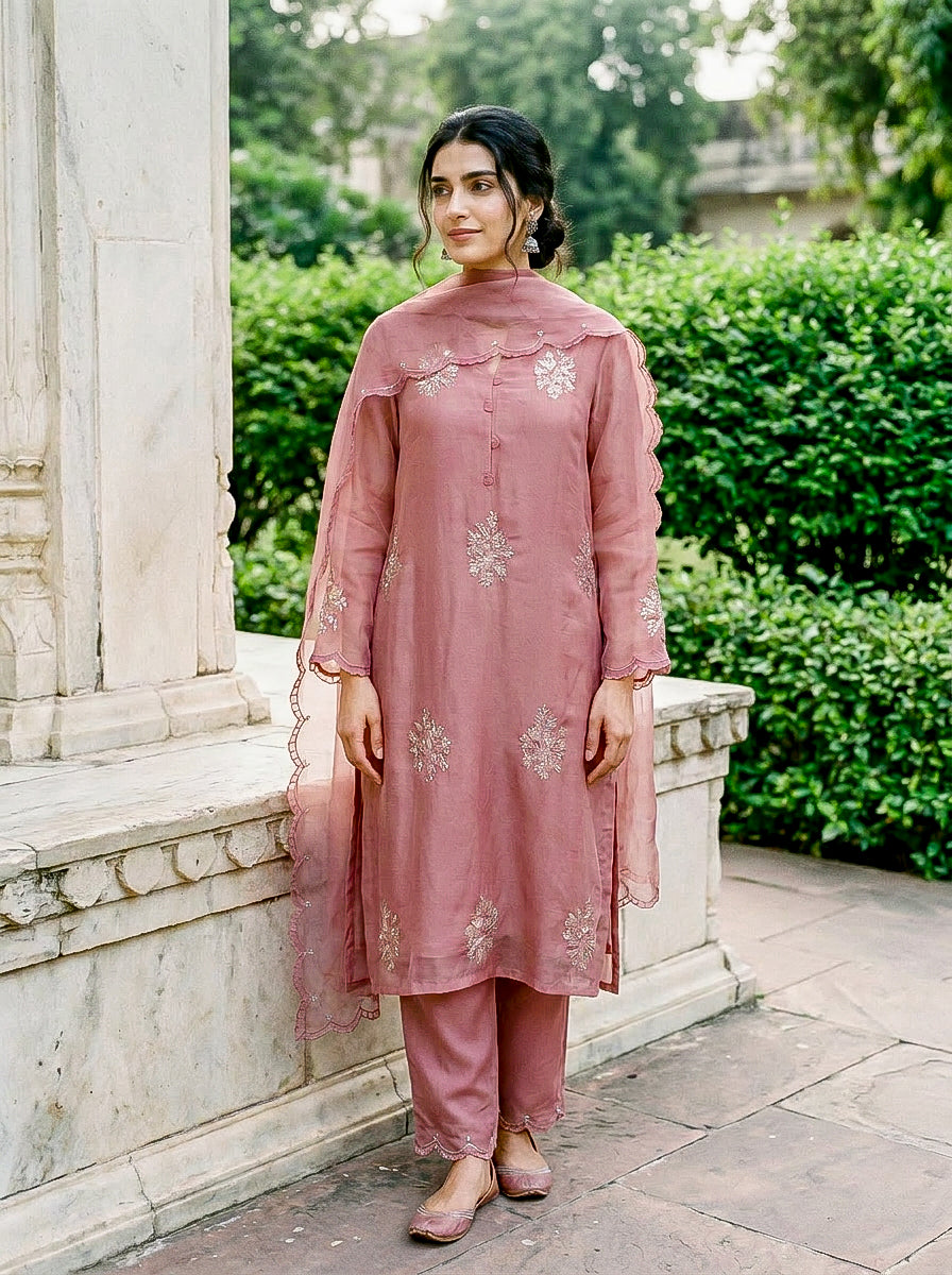 Rose Pink Embroidered Organza Kurta Set with Pants & Dupatta — kurta detail