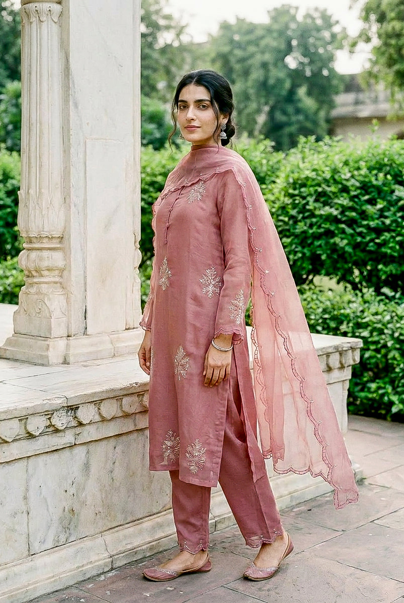 Rose Pink Embroidered Organza Kurta Set with Pants & Dupatta — back view