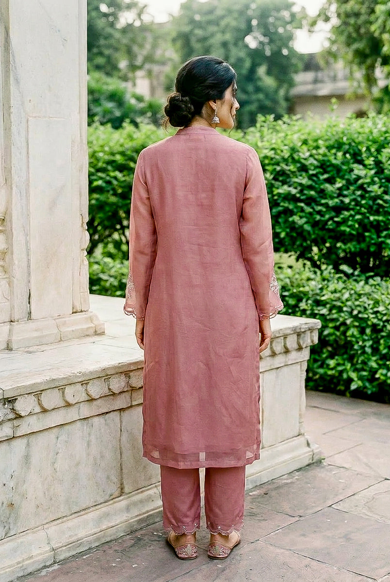 Rose Pink Embroidered Organza Kurta Set with Pants & Dupatta — side view