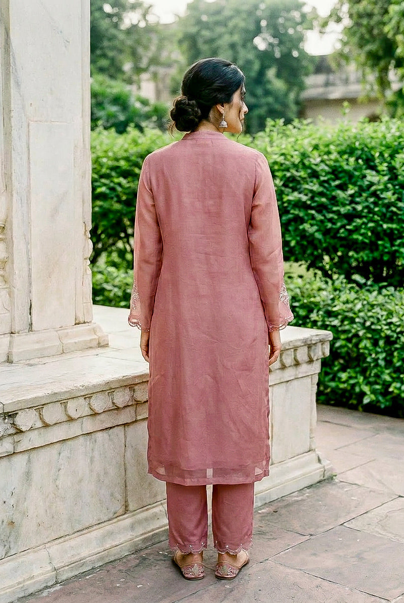Rose Pink Embroidered Organza Kurta Set with Pants & Dupatta — side view