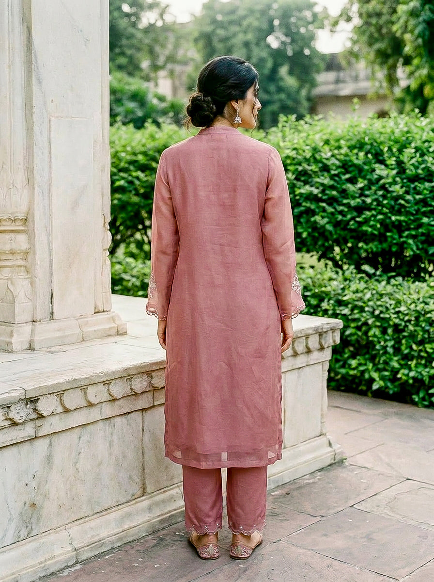 Rose Pink Embroidered Organza Kurta Set with Pants & Dupatta — side view
