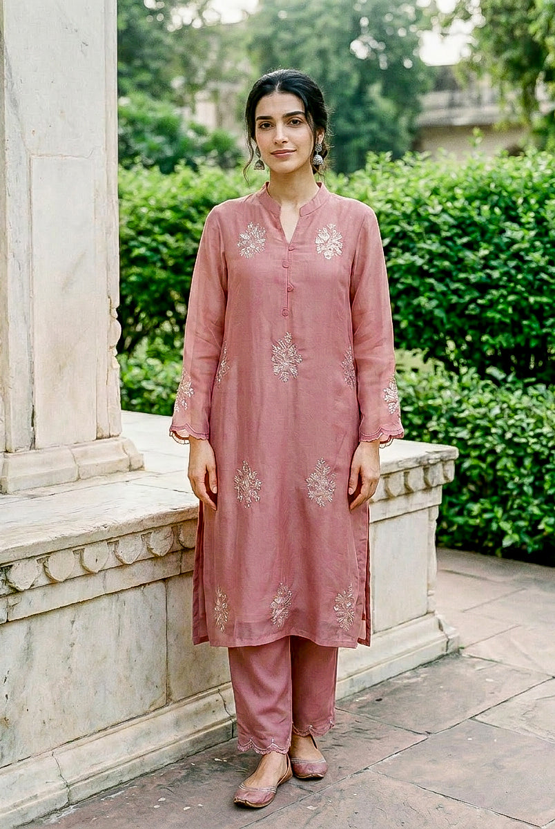 Rose Pink Embroidered Organza Kurta Set with Pants & Dupatta — styling detail