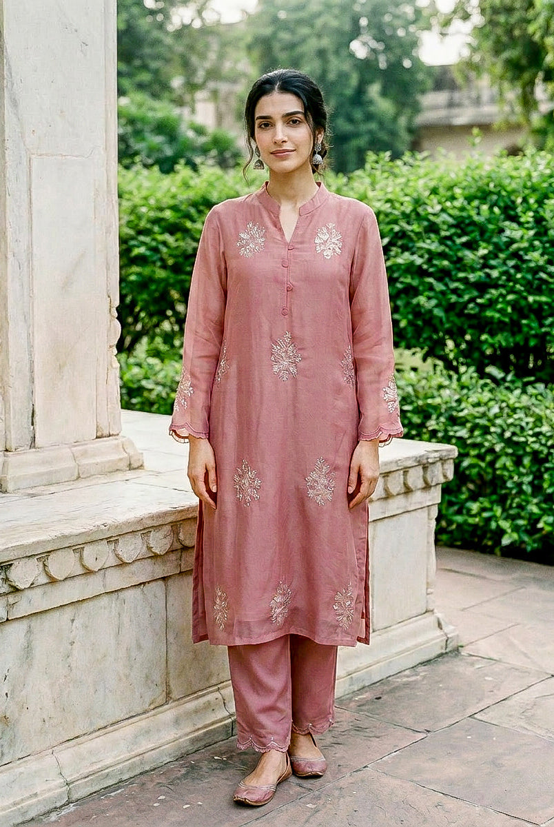 Rose Pink Embroidered Organza Kurta Set with Pants & Dupatta — styling detail