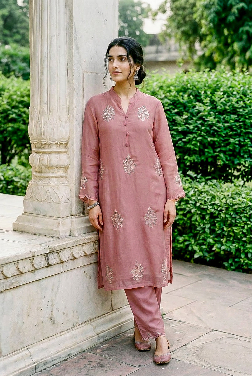 Rose Pink Embroidered Organza Kurta Set with Pants & Dupatta — fabric close-up