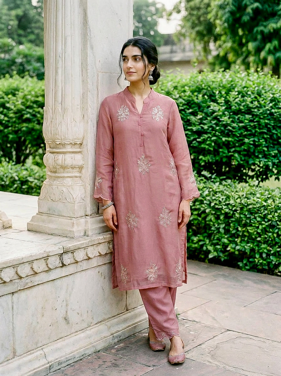 Rose Pink Embroidered Organza Kurta Set with Pants & Dupatta — fabric close-up