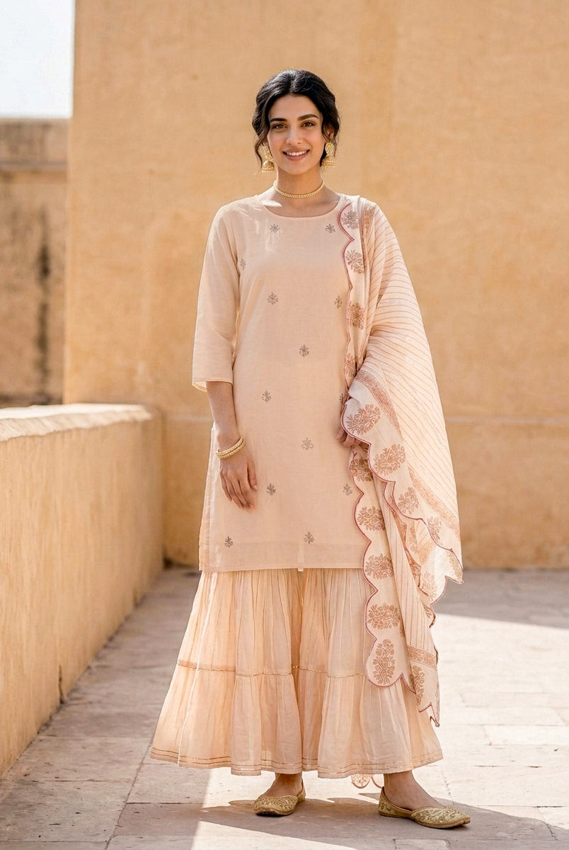 Peach Silk Chanderi Kurta with Muslin Sharara & Chanderi Dupatta — view 1