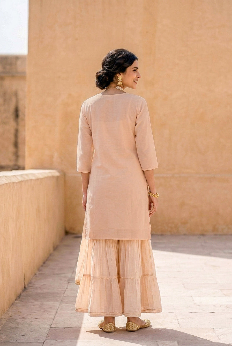 Peach Silk Chanderi Kurta with Muslin Sharara & Chanderi Dupatta — view 3