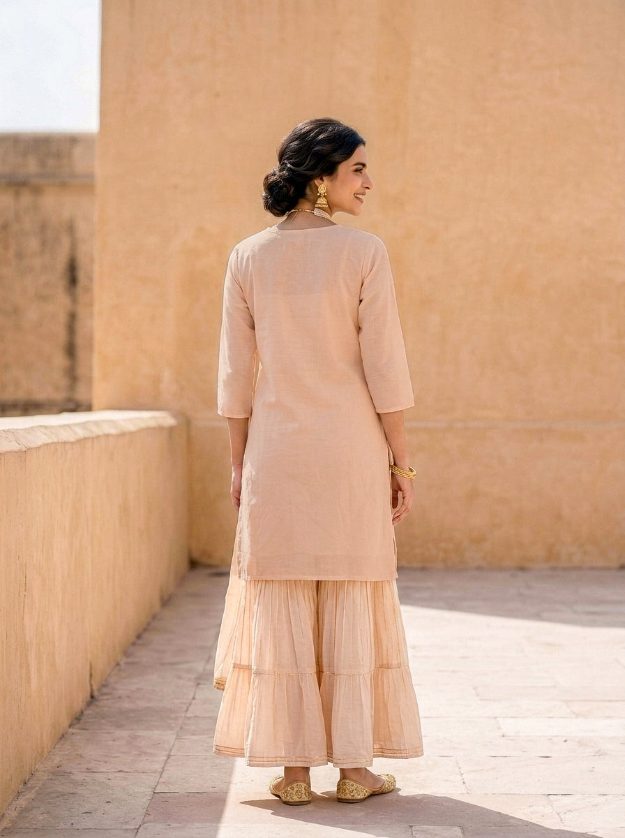 Peach Silk Chanderi Kurta with Muslin Sharara & Chanderi Dupatta — view 3