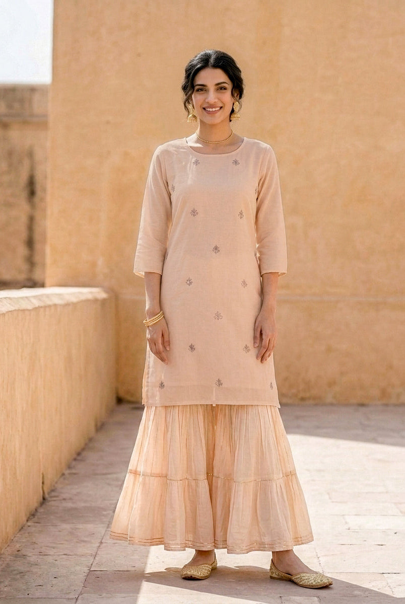 Peach Silk Chanderi Kurta with Muslin Sharara & Chanderi Dupatta — view 2