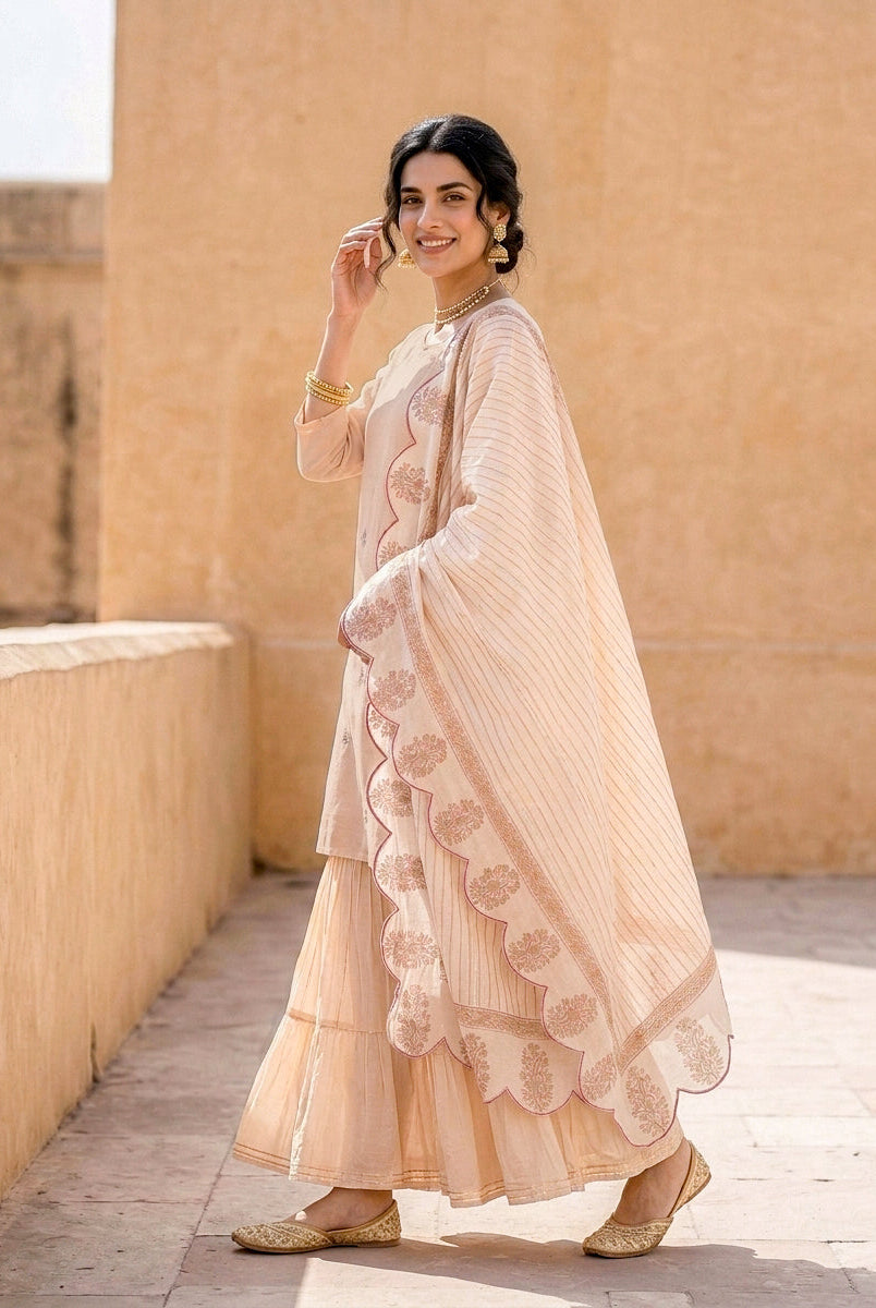 Peach Silk Chanderi Kurta with Muslin Sharara & Chanderi Dupatta — view 4