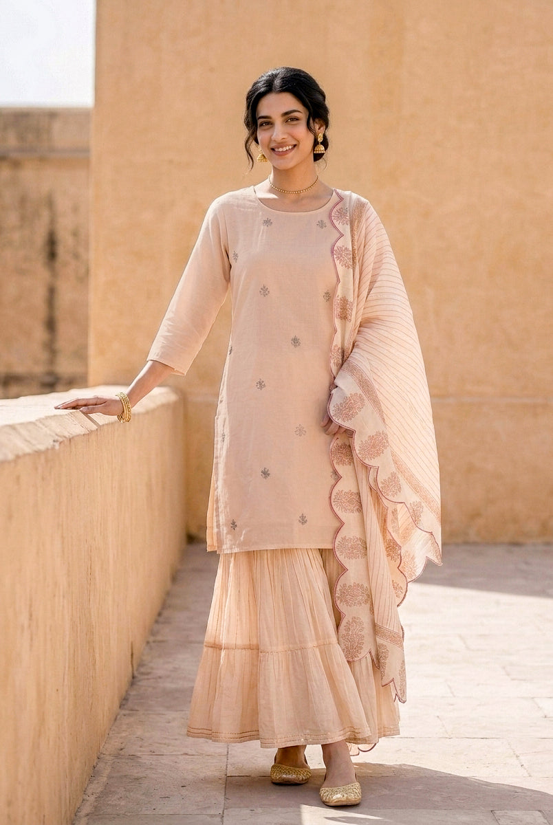 Peach Silk Chanderi Kurta with Muslin Sharara & Chanderi Dupatta — view 5