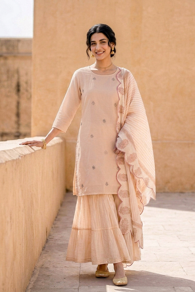 Peach Silk Chanderi Kurta with Muslin Sharara & Chanderi Dupatta — view 5