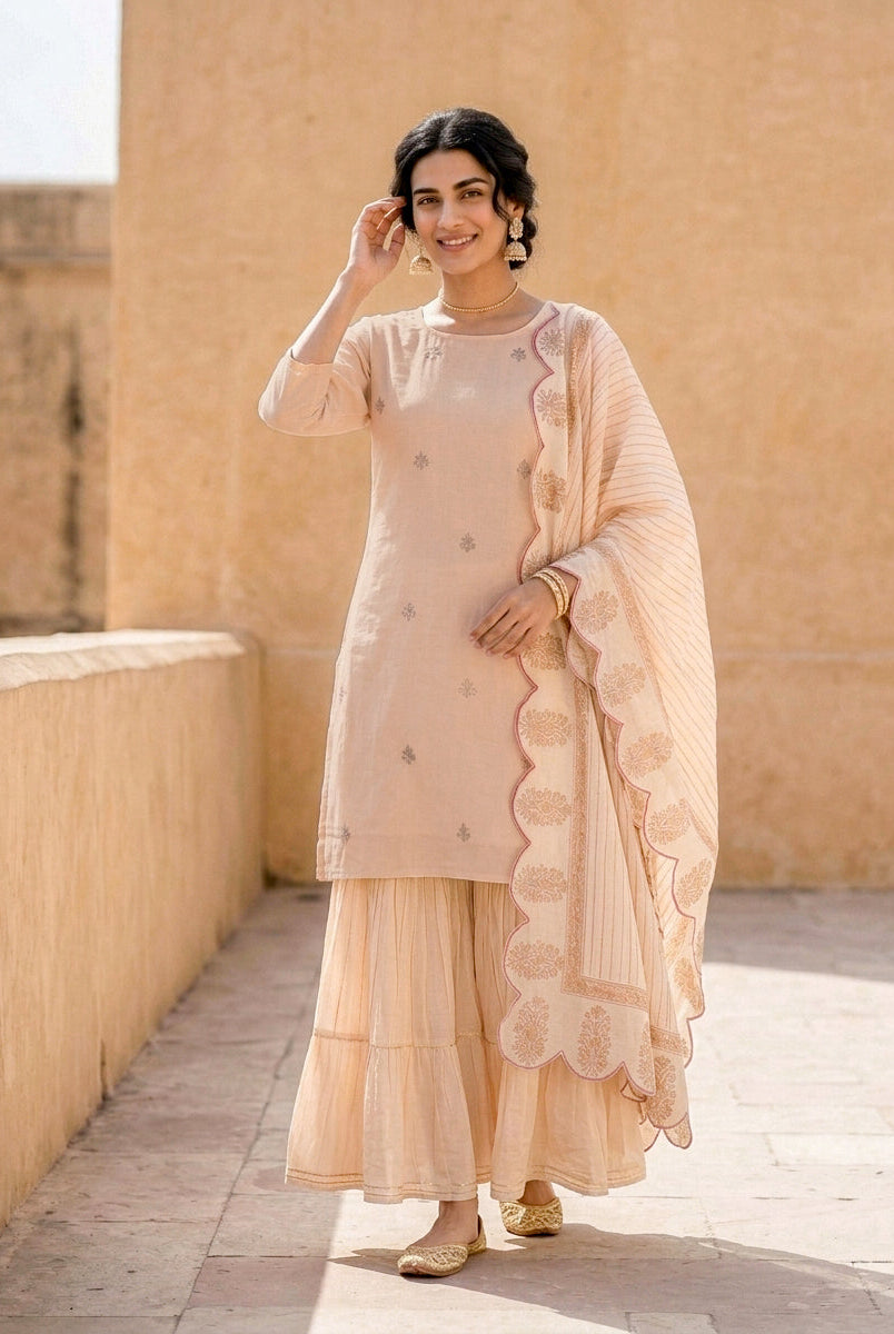 Peach Silk Chanderi Kurta with Muslin Sharara & Chanderi Dupatta — view 6