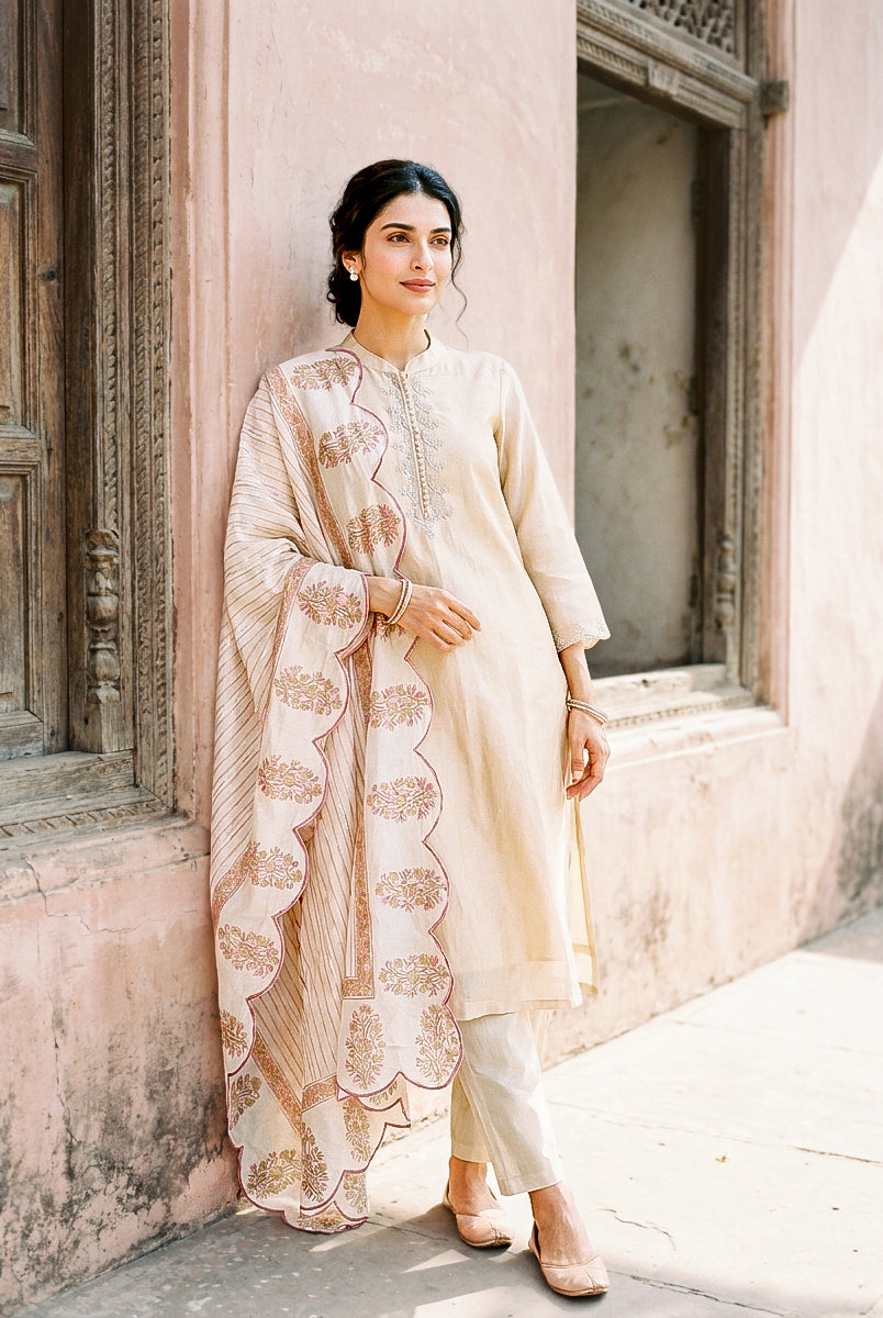 Ivory Embroidered Silk Chanderi Kurta Set with Pants & Dupatta — full set front