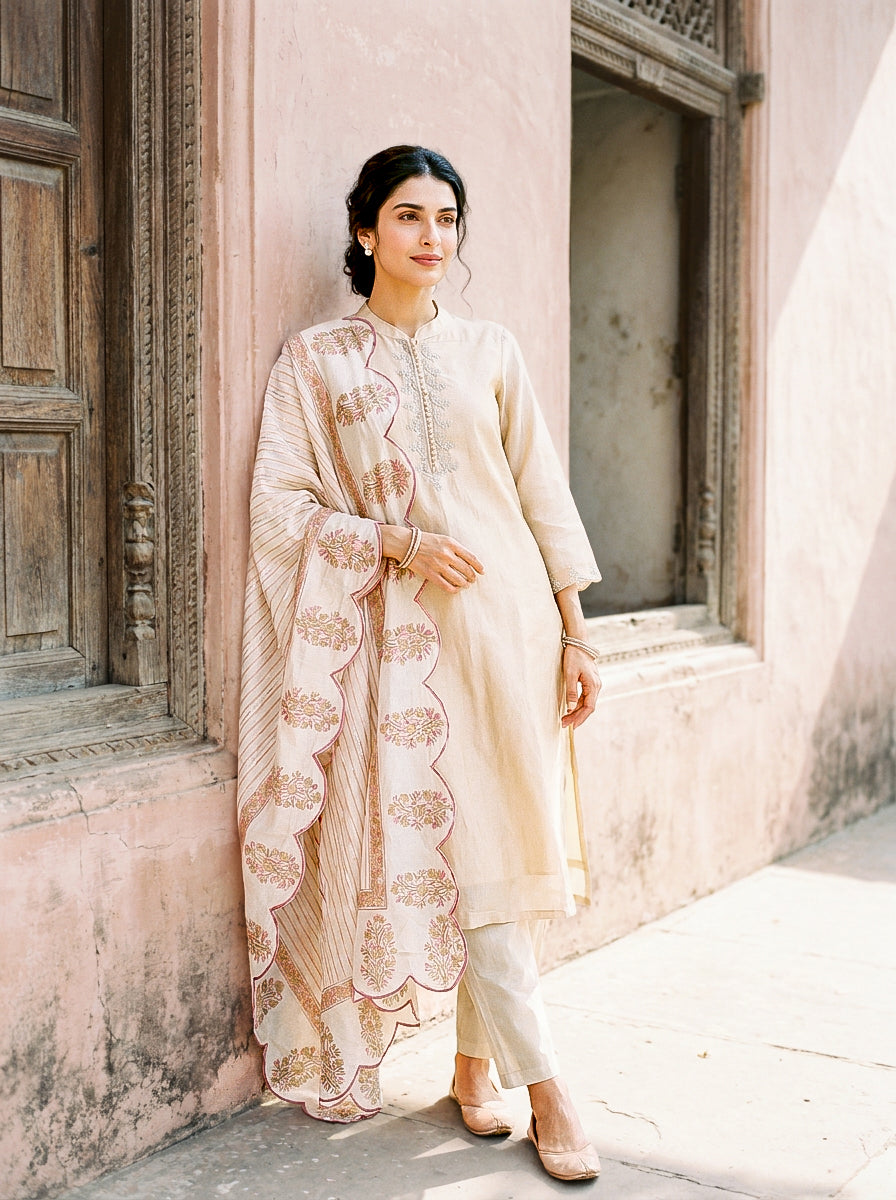 Ivory Embroidered Silk Chanderi Kurta Set with Pants & Dupatta — full set front