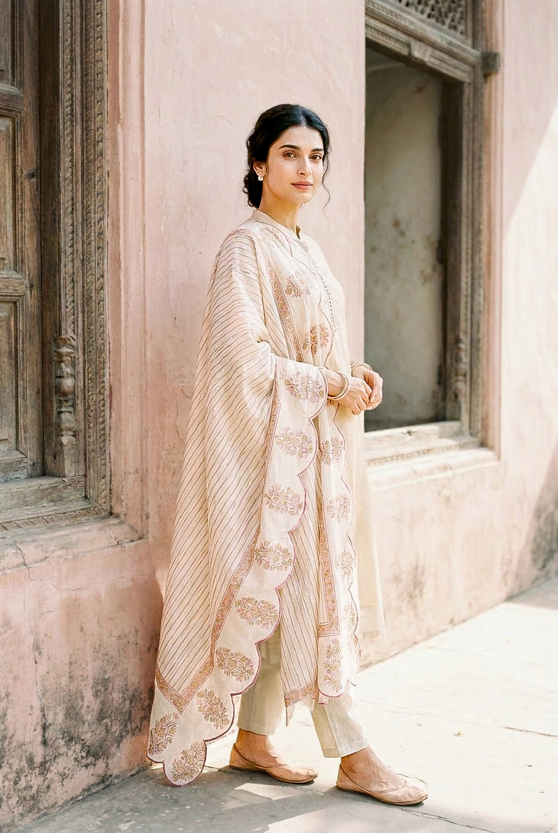 Ivory Embroidered Silk Chanderi Kurta Set with Pants & Dupatta — model front