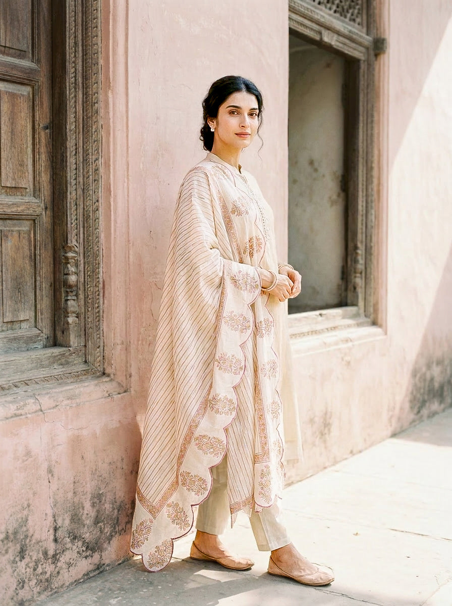 Ivory Embroidered Silk Chanderi Kurta Set with Pants & Dupatta — model front