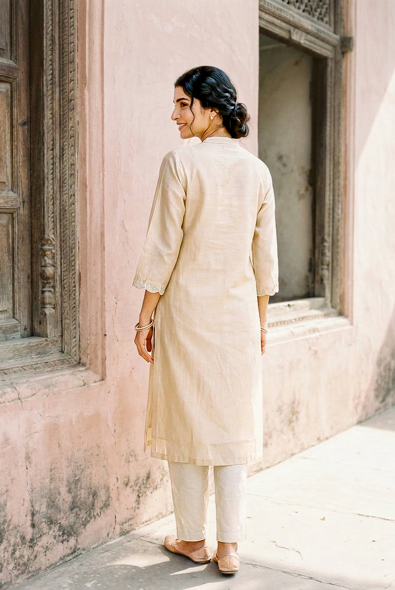 Ivory Embroidered Silk Chanderi Kurta Set with Pants & Dupatta — kurta detail