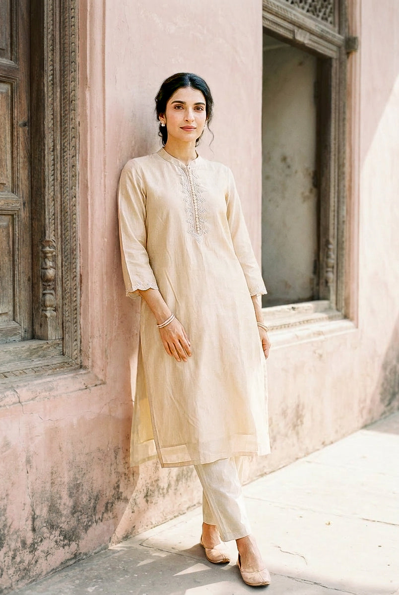 Ivory Embroidered Silk Chanderi Kurta Set with Pants & Dupatta — back view