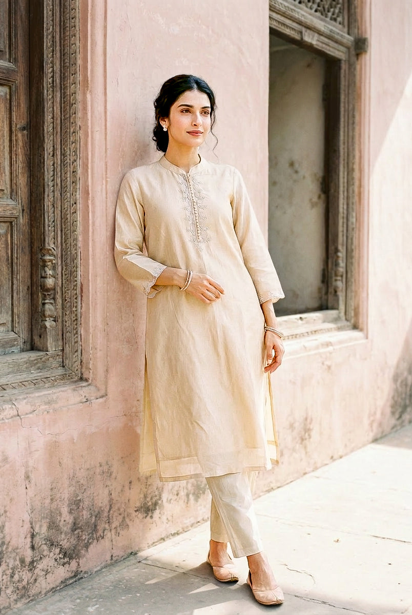 Ivory Embroidered Silk Chanderi Kurta Set with Pants & Dupatta — side view