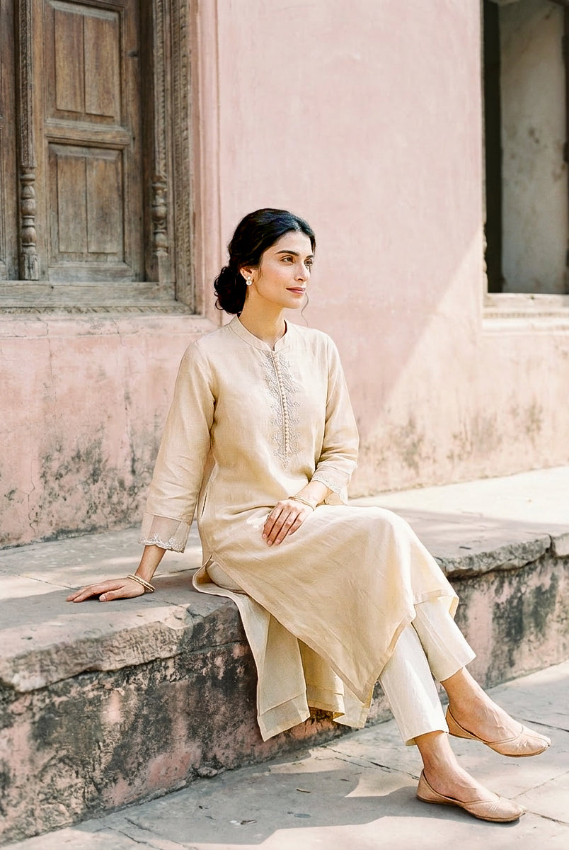 Ivory Embroidered Silk Chanderi Kurta Set with Pants & Dupatta — styling detail
