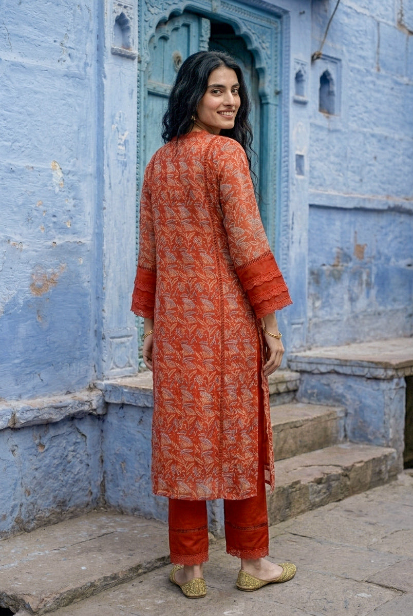 Rust Orange Hand Block Print Organza Kurta Set with Pants & Dupatta — view 5