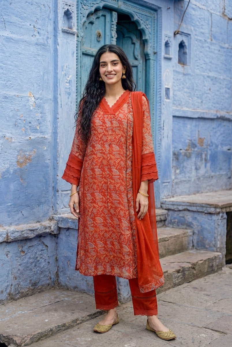 Rust Orange Hand Block Print Organza Kurta Set with Pants & Dupatta — view 1