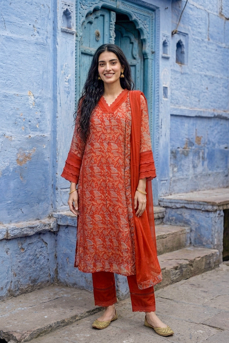 Rust Orange Hand Block Print Organza Kurta Set with Pants & Dupatta — view 1