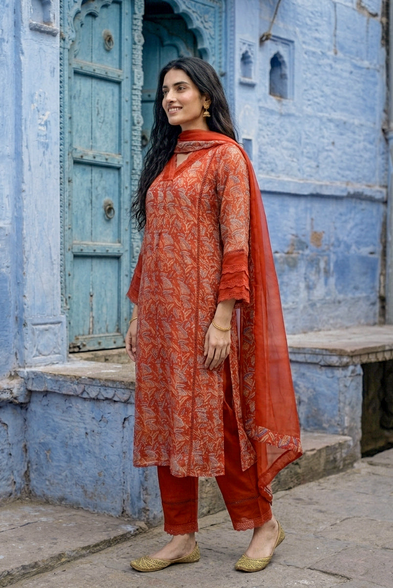 Rust Orange Hand Block Print Organza Kurta Set with Pants & Dupatta — view 3