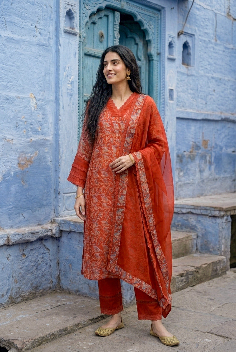 Rust Orange Hand Block Print Organza Kurta Set with Pants & Dupatta — view 4
