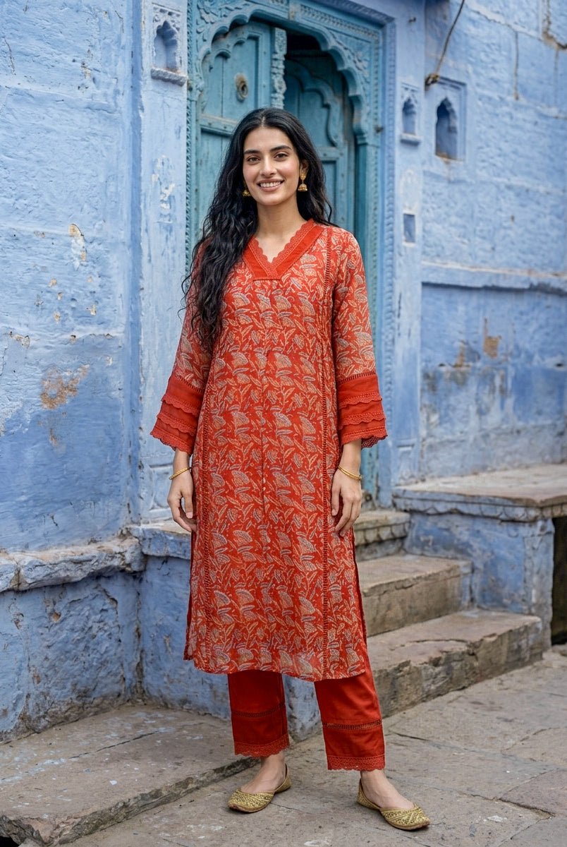 Rust Orange Hand Block Print Organza Kurta Set with Pants & Dupatta — view 2