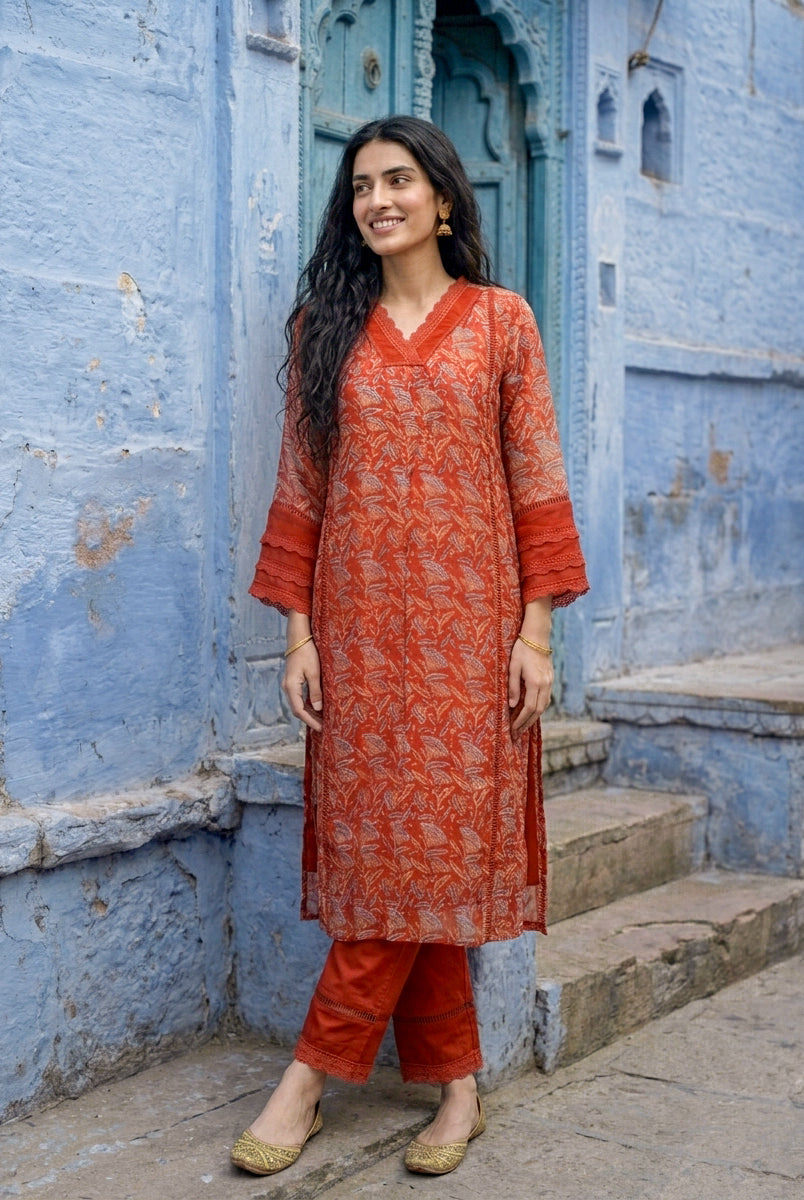 Rust Orange Hand Block Print Organza Kurta Set with Pants & Dupatta — view 6