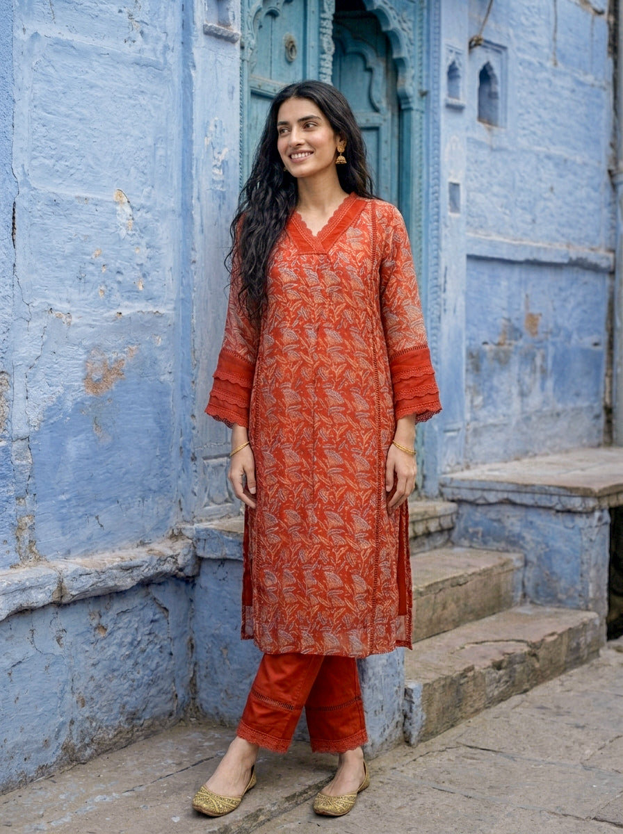 Rust Orange Hand Block Print Organza Kurta Set with Pants & Dupatta — view 6