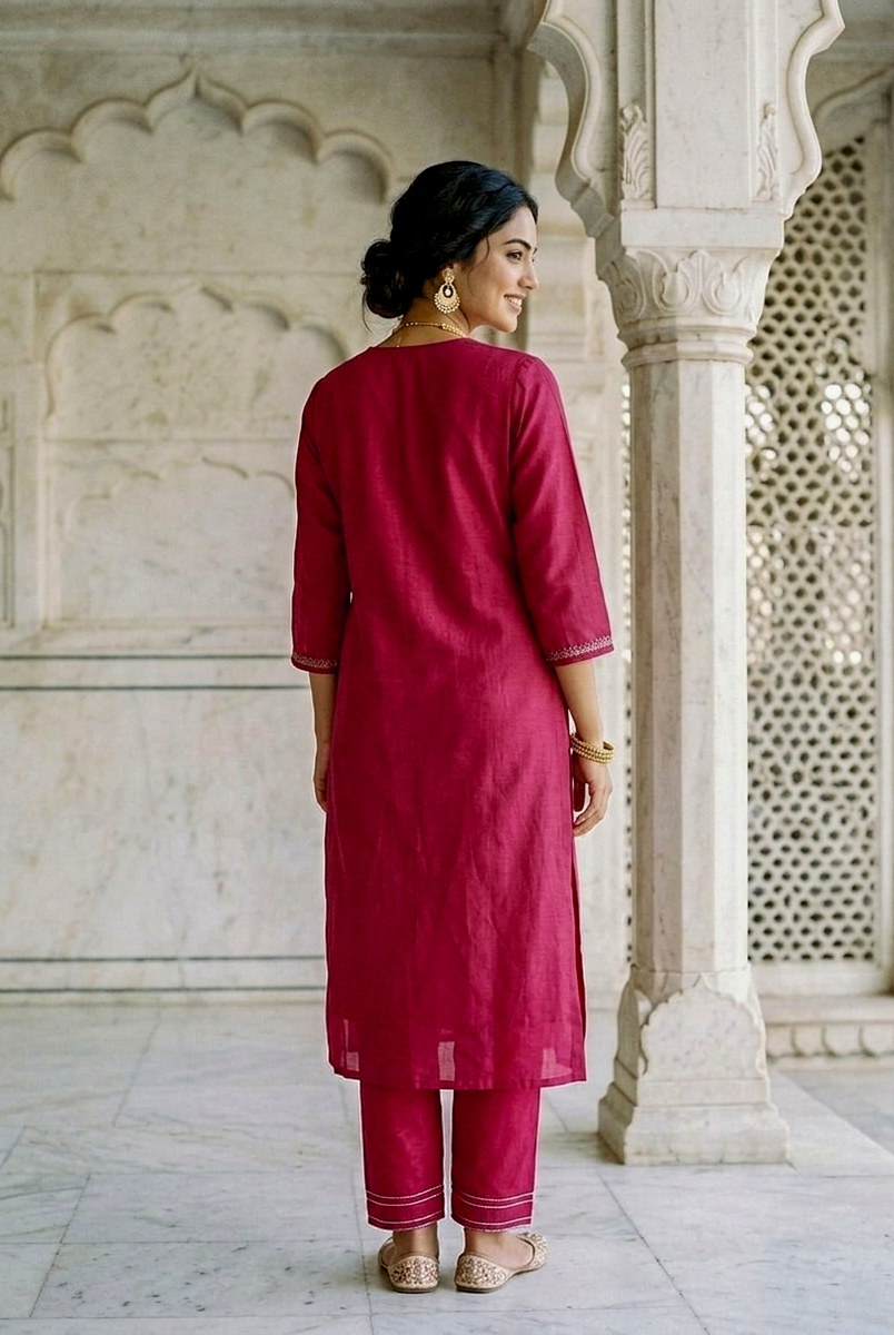 Magenta Silk Chanderi Kurta with Pants & Chanderi Dupatta — view 4
