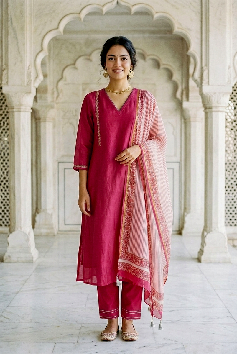Magenta Silk Chanderi Kurta with Pants & Chanderi Dupatta — view 1