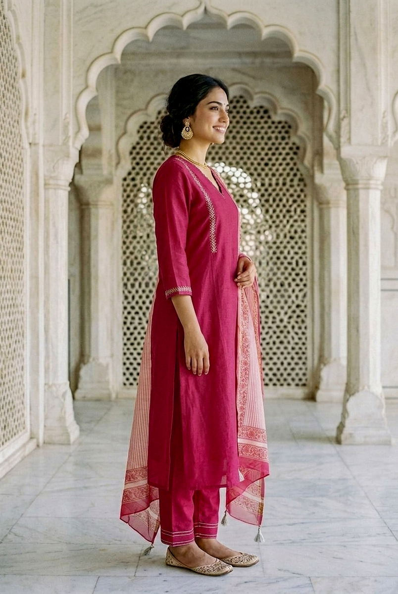 Magenta Silk Chanderi Kurta with Pants & Chanderi Dupatta — view 3