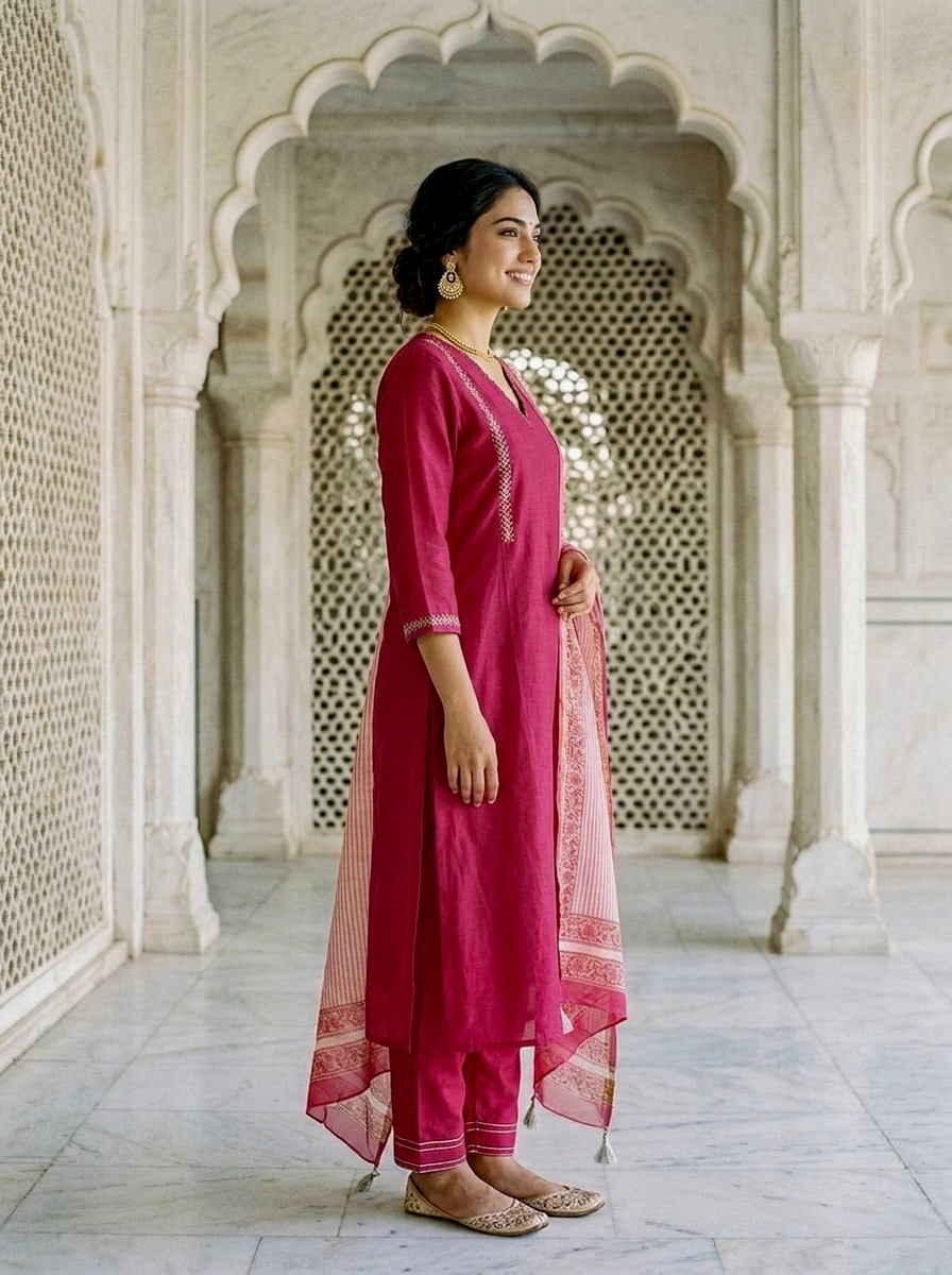 Magenta Silk Chanderi Kurta with Pants & Chanderi Dupatta — view 3