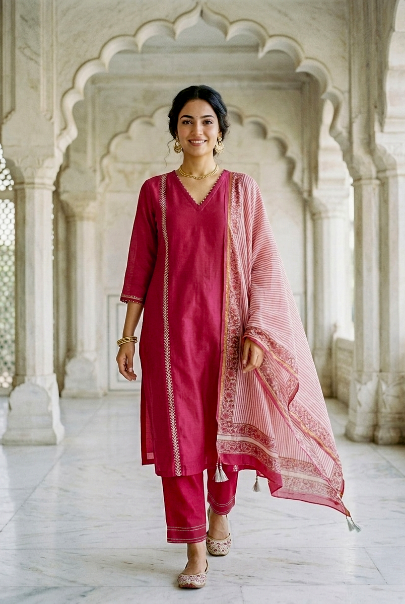 Magenta Silk Chanderi Kurta with Pants & Chanderi Dupatta — view 5