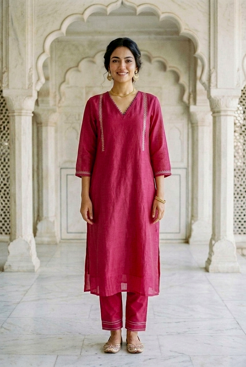 Magenta Silk Chanderi Kurta with Pants & Chanderi Dupatta — view 2