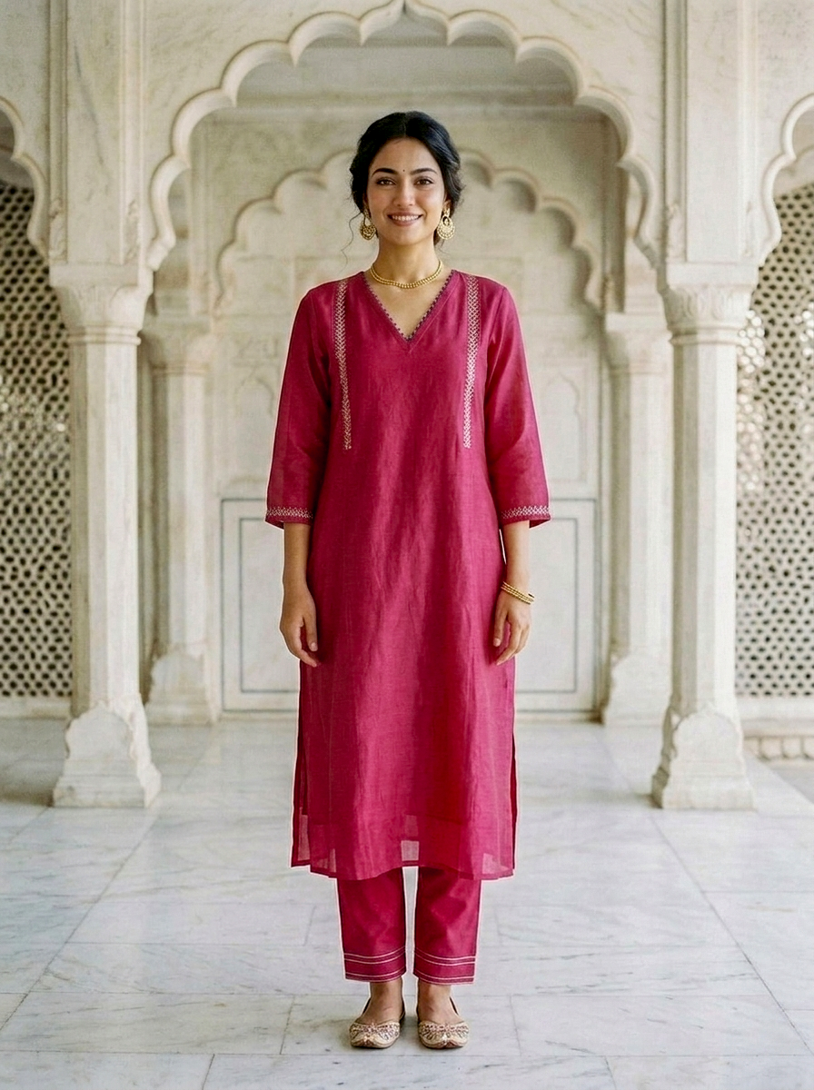 Magenta Silk Chanderi Kurta with Pants & Chanderi Dupatta — view 2