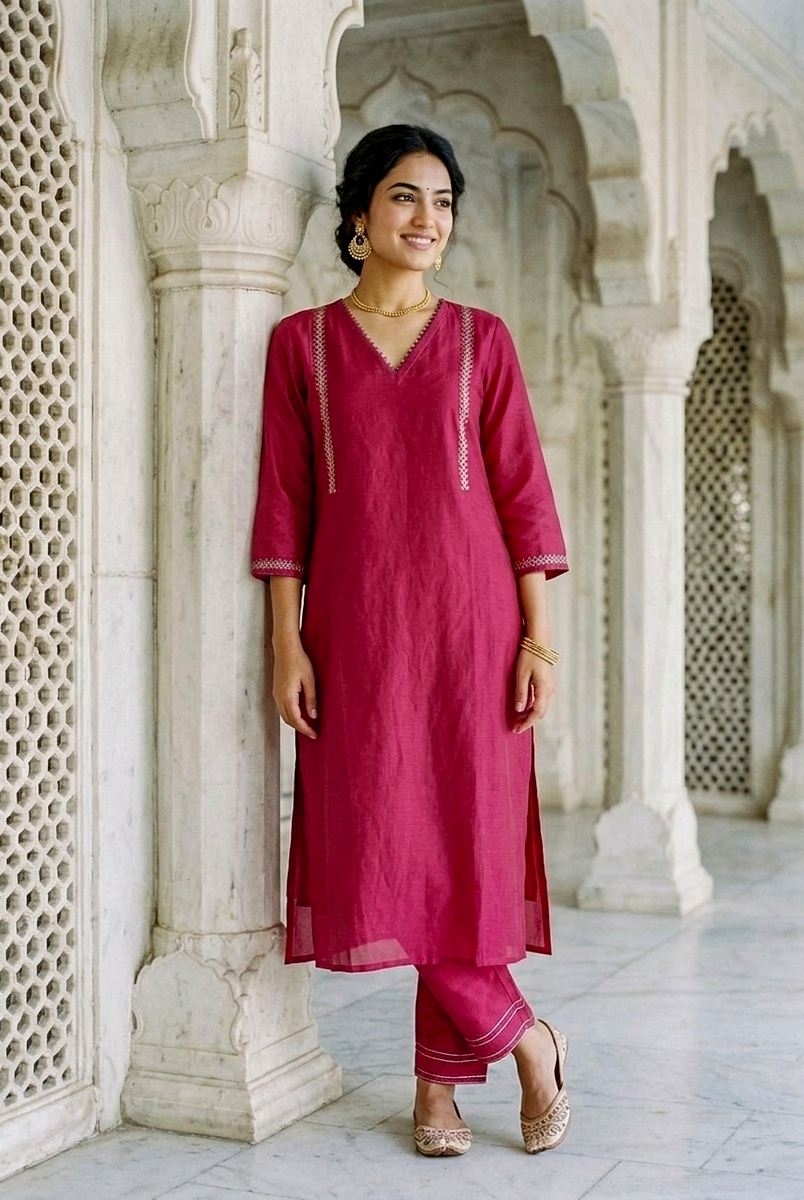 Magenta Silk Chanderi Kurta with Pants & Chanderi Dupatta — view 6