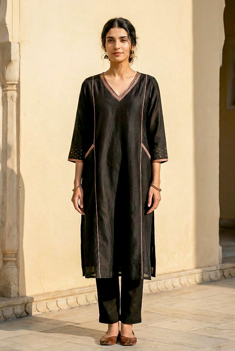 Black Embroidered Silk Chanderi Kurta Set with Pants & Dupatta — back view