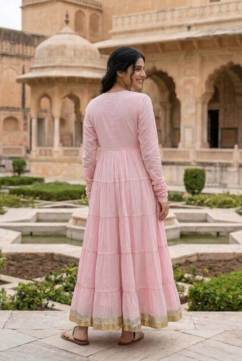 Pink Tiered Cotton Dress with Dupatta — view 4