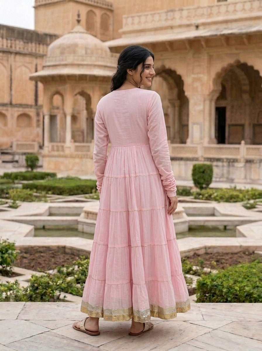 Pink Tiered Cotton Dress with Dupatta — view 4