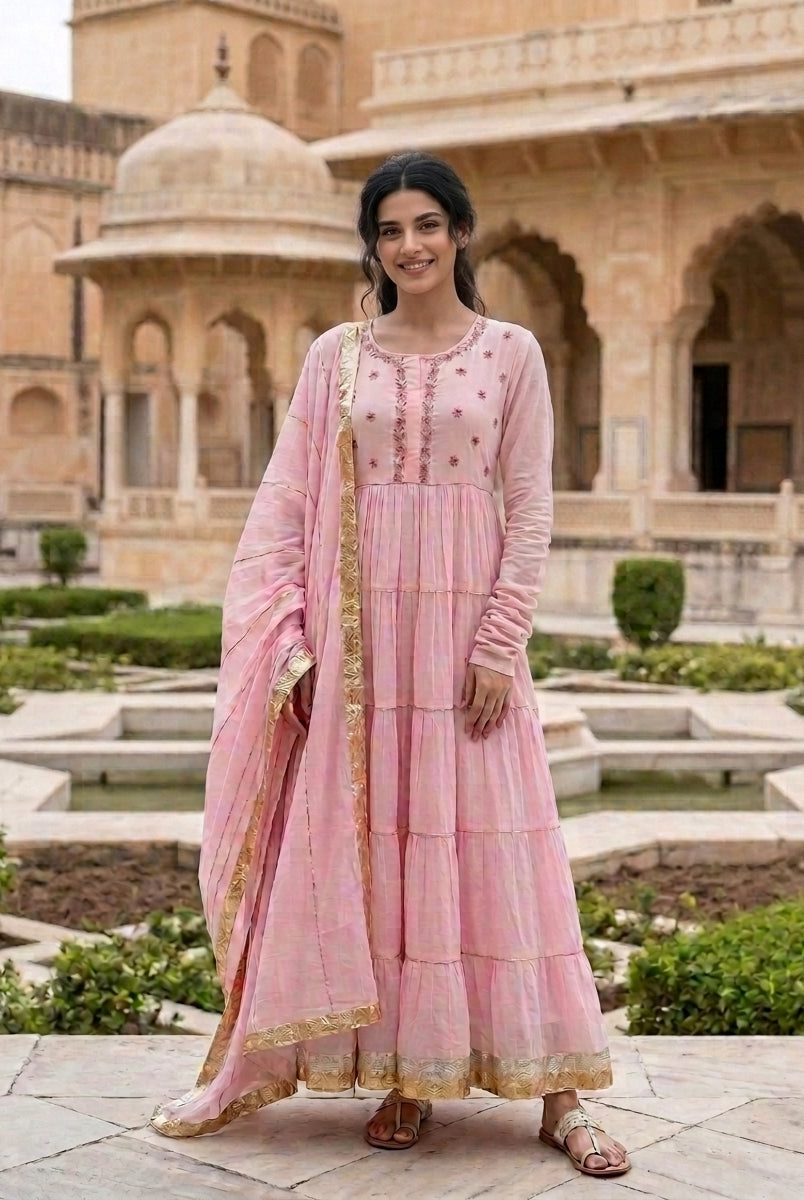Pink Tiered Cotton Dress with Dupatta — view 1