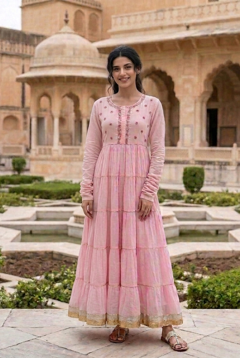 Pink Tiered Cotton Dress with Dupatta — view 2