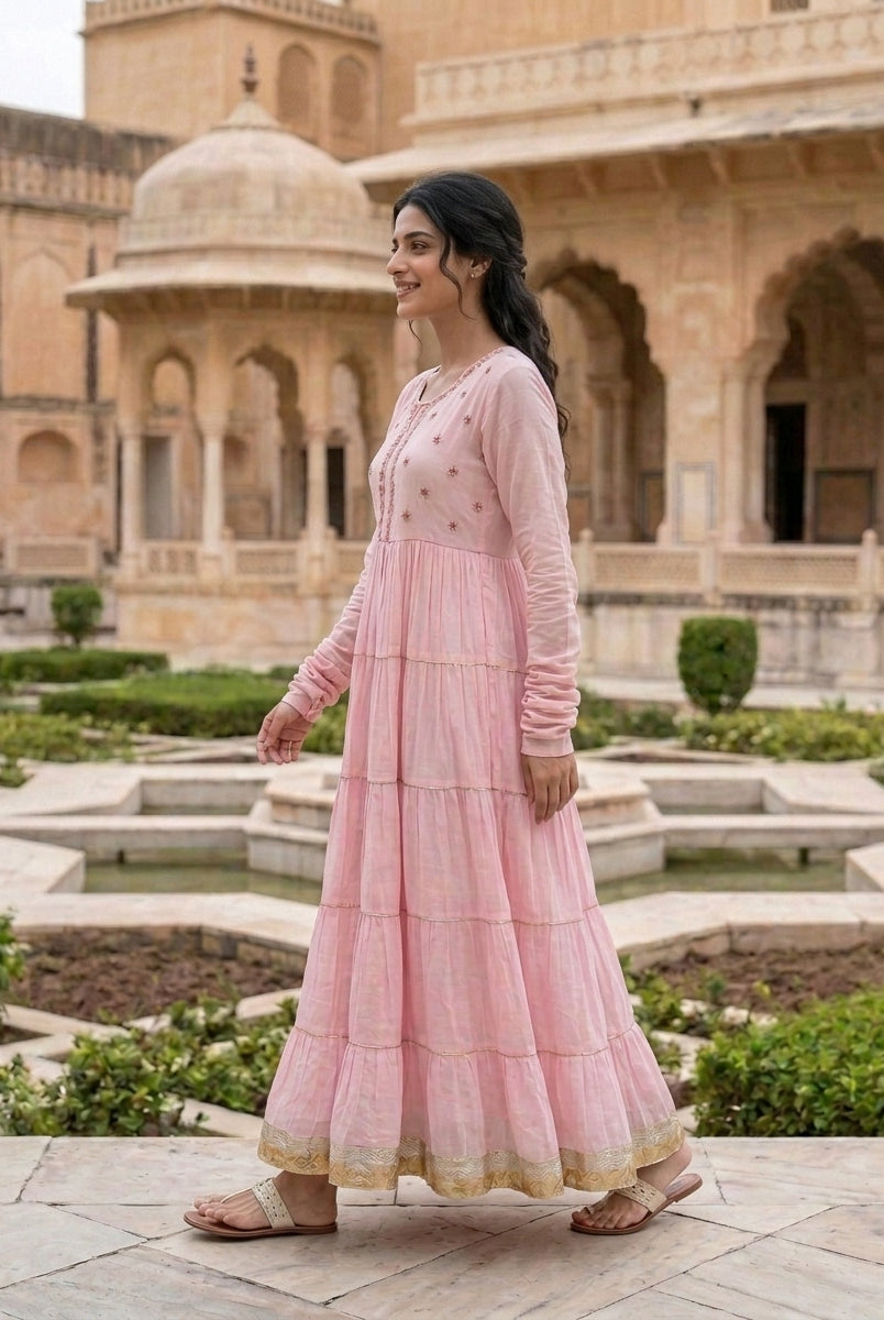 Pink Tiered Cotton Dress with Dupatta — view 3