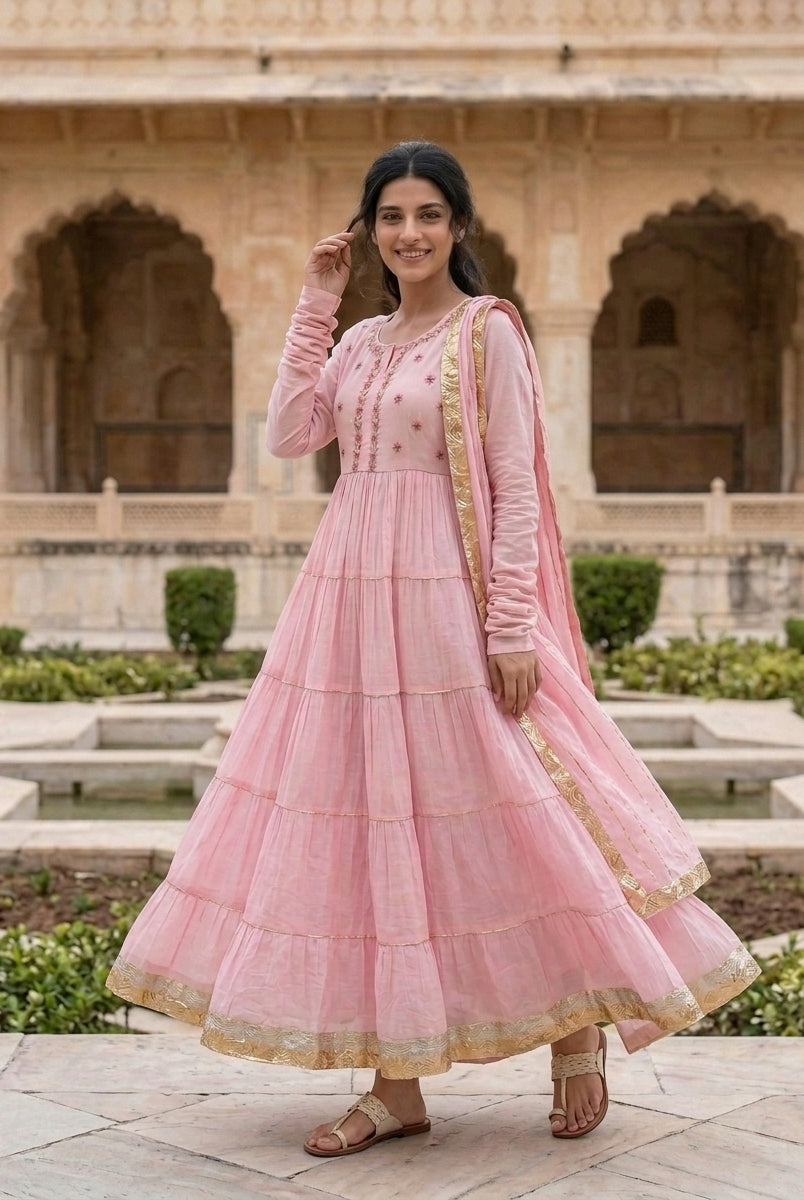 Pink Tiered Cotton Dress with Dupatta — view 5